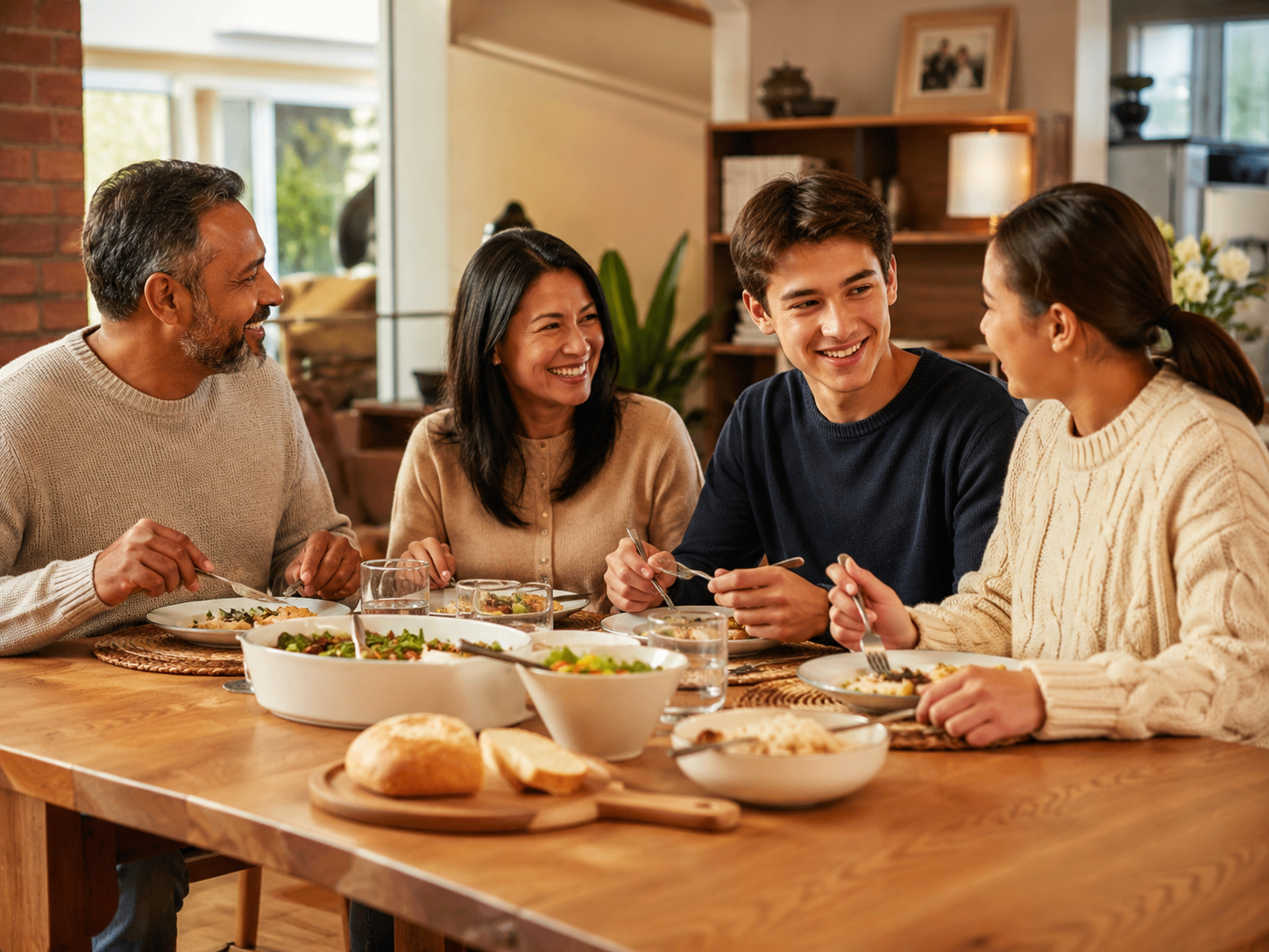 Host family and international student sharing dinner