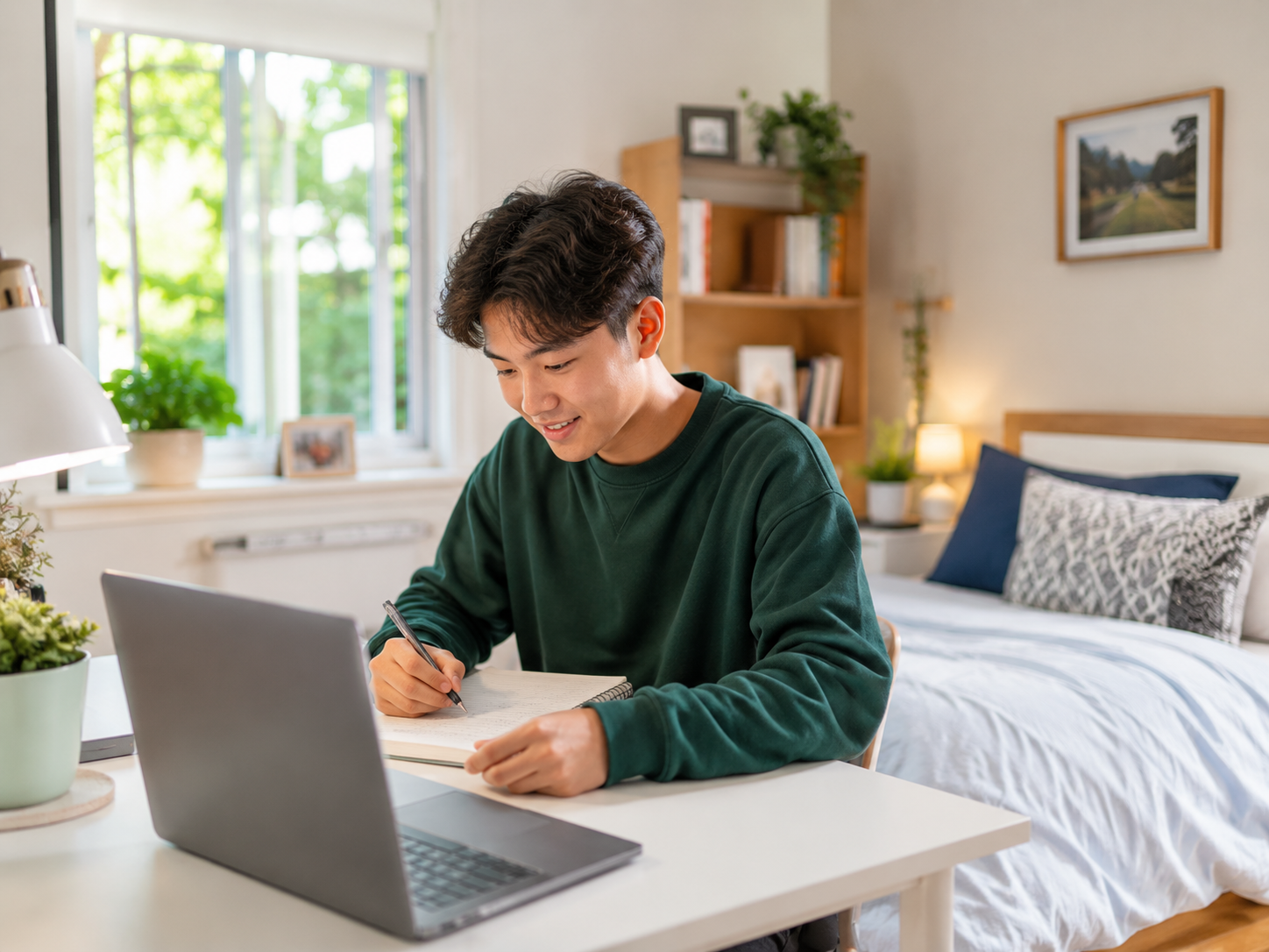 International student studying in a comfortable homestay room